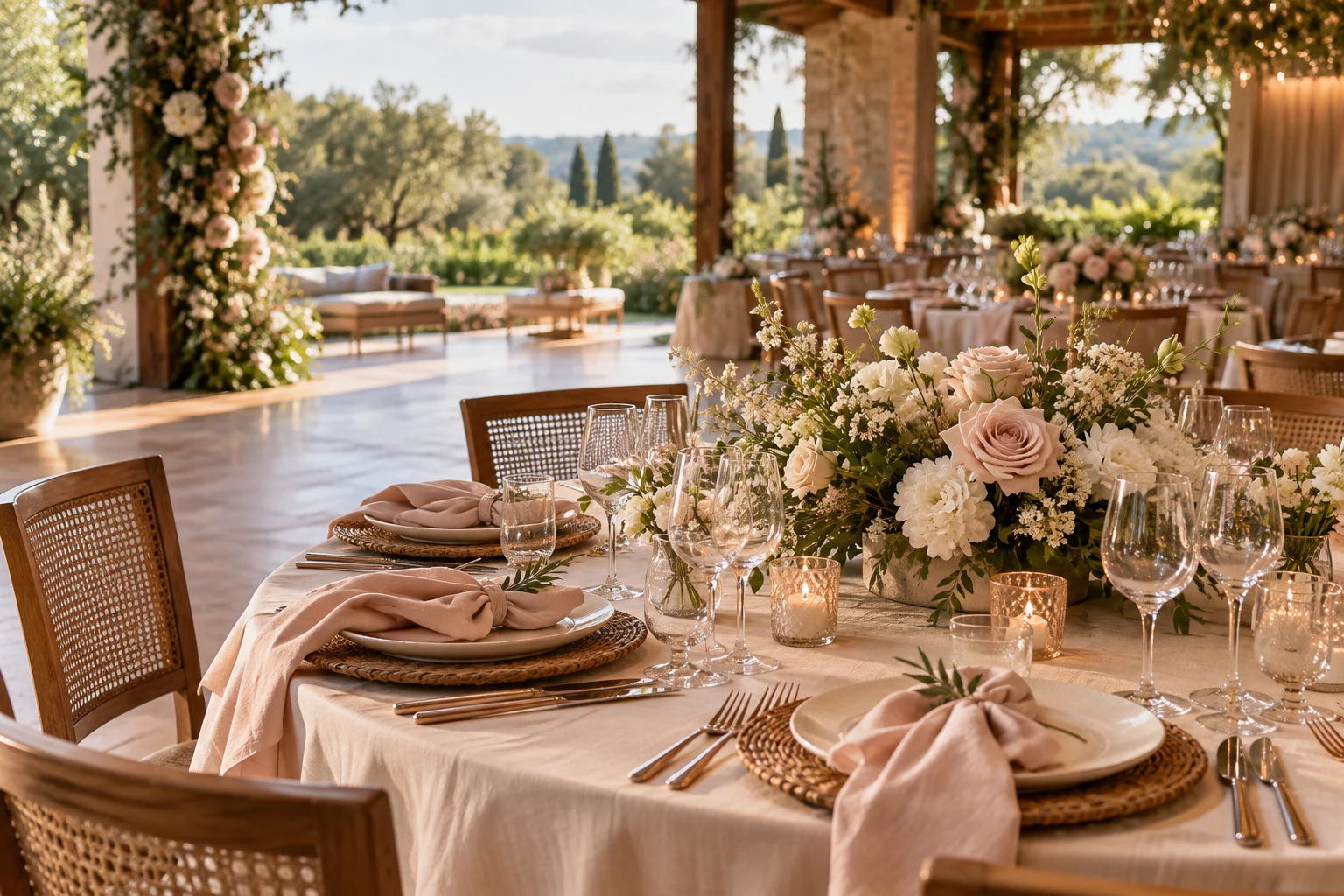 Mesa de recepção com rosas claras, taças e linho em um casamento elegante